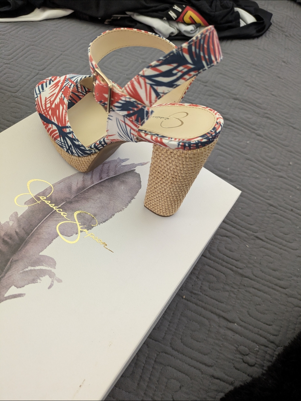 Jessica Simpson Coral and Navy Tropical Print Platform Sandals - Picture 4 of 6